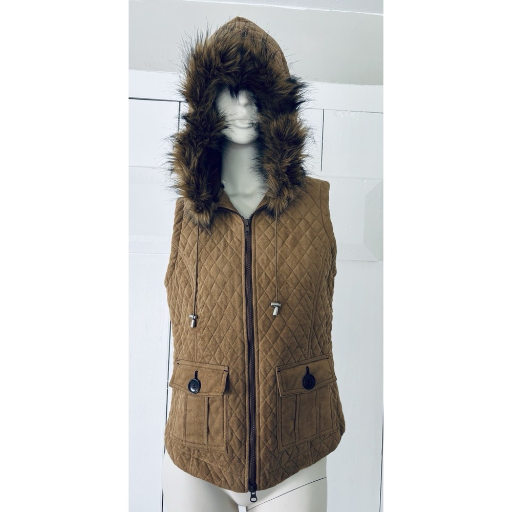 Goode Rider Equestrian Vest Womens Medium Removable Faux Fur Hood Full Zip